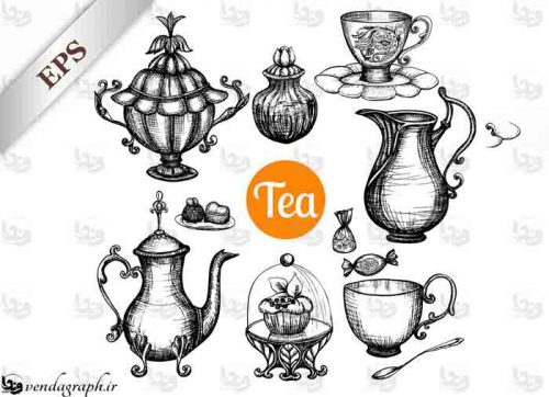 طرح وکتوری مجموعه قندان و فنجان و قوری چای