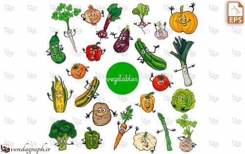 وکتور سبزیجات با شخصیت های کارتونی