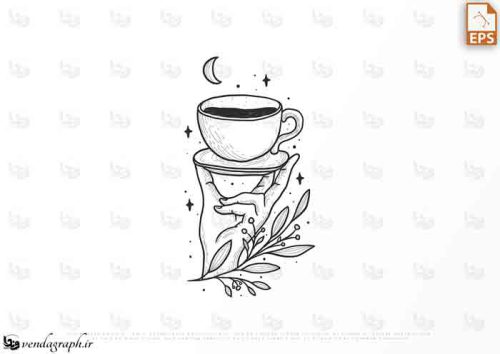 وکتور گل و برگ قهوه و فنجان قهوه