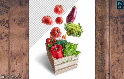 جعبه چوبی میوه و سبزیجات معلق در هوا