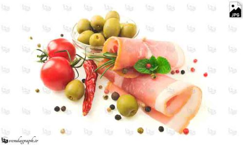 تصویر استوک گوشت و زیتون و گوجه