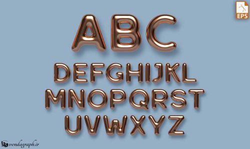 حروف الفبای لاتین به سبک بادکنک هلیومی و فلزی رنگ