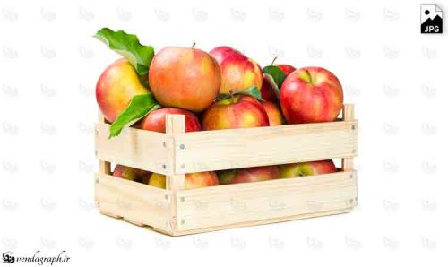 عکس جعبه چوبی پر از سیب قرمز