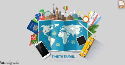 وکتور مسافرتی همراه با جاذبه های گردشگری جهان و نقشه ، پاسپورت و بلیط