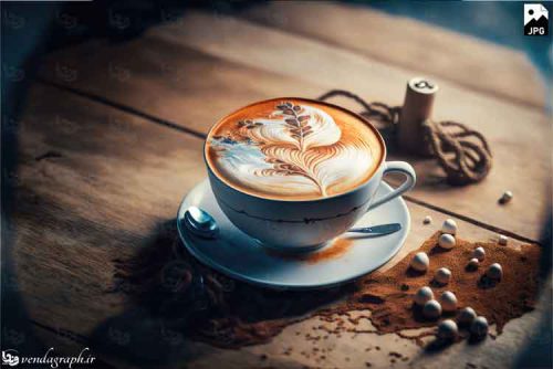 عکس باکیفیت فنجات قهوه با لته آرت روی میز چوبی