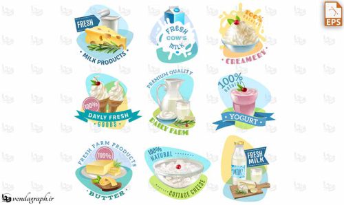 وکتور مجموعه لوگوهای محصولات شیر و لبنیات