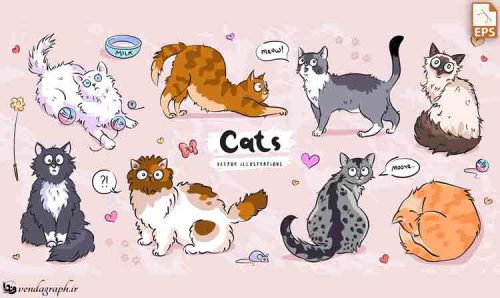 دانلود طرح وکتوری انواع نژاد های گربه به سبک کارتونی