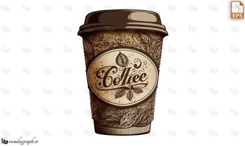 طرح وکتوری لیوان قهوه با طراحی گل و برگ قهوه روی آن