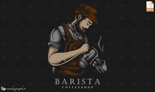 مرد باریستا همراه با قهوه جوش و فنجان