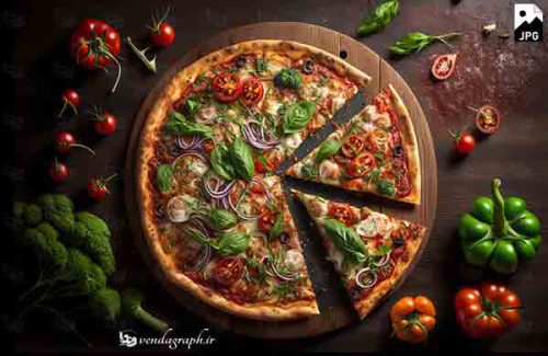 عکس باکیفیت از پیتزا روی میز چوبی همراه با فلفل و گوجه و کلم