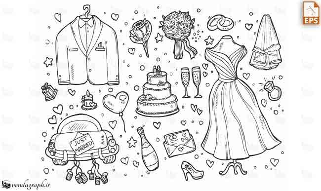 وکتور لباس عروس ، لباس داماد ، ماشین عروس ، دسته گل عروس ، کیک عروسی