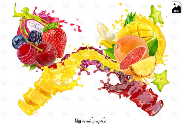 عکس استوک میکس میوه های : انبه ، موز ، پرتقال ، آناناس ، توت فرنگی ، شاتوت ، گیلاس ، بلوبری ، دراگون فروت