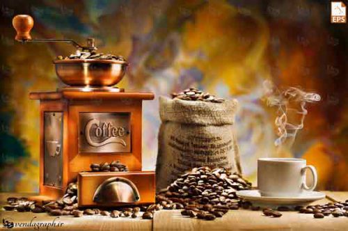 عکس باکیفیت از دان قهوه ، فنجان قهوه و آسیاب قهوه دستی